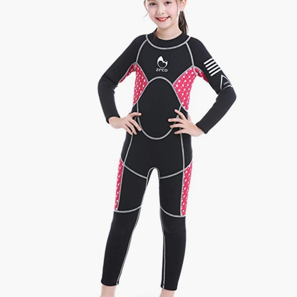 ZCCO Full Wetsuit Kids Size Medium Girls 3MM Neoprene Black Pink White NEW